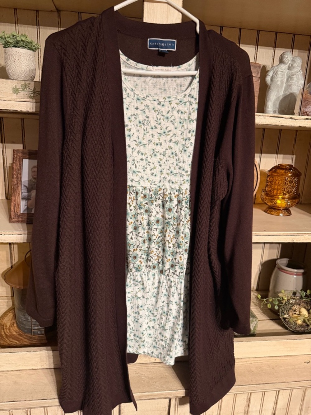 Karen Scott Dark Brown Open-Front Knit Cardigan & Tank-top
